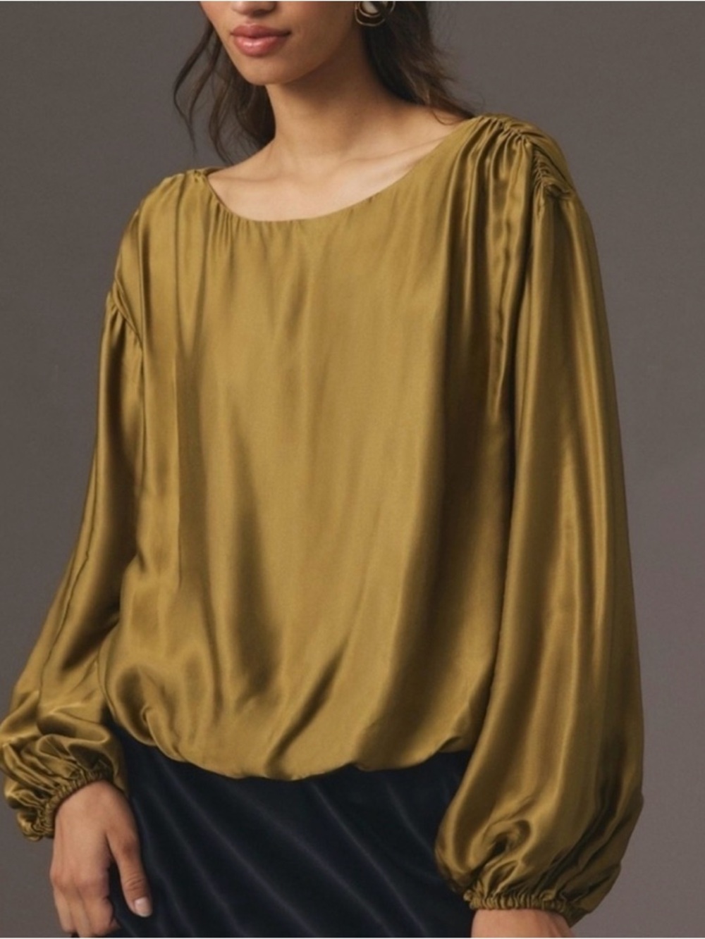 Anthropologie Satin Balloon-Sleeve Blouse in Olive Green